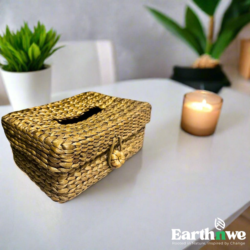 Handwoven water hyacinth tissue box organizer