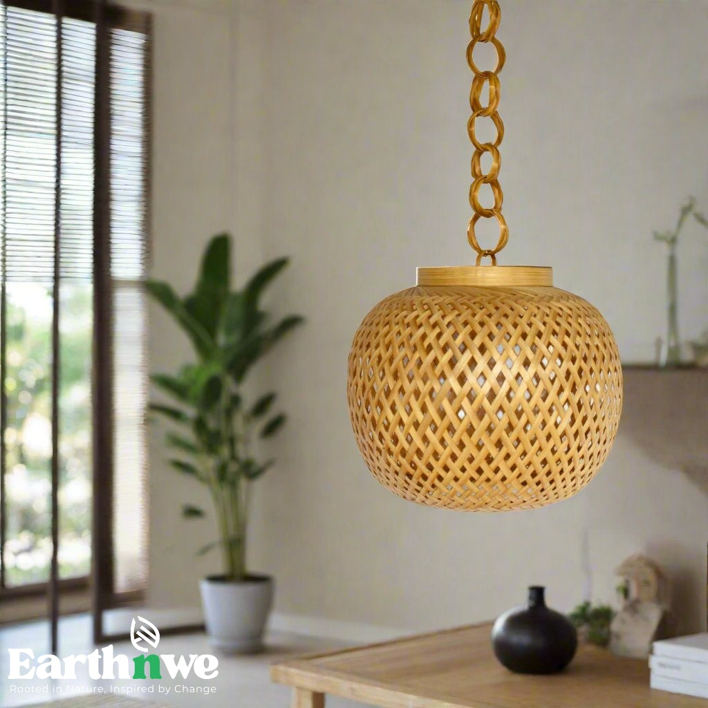 Handcrafted bamboo hanging lamp with woven shade