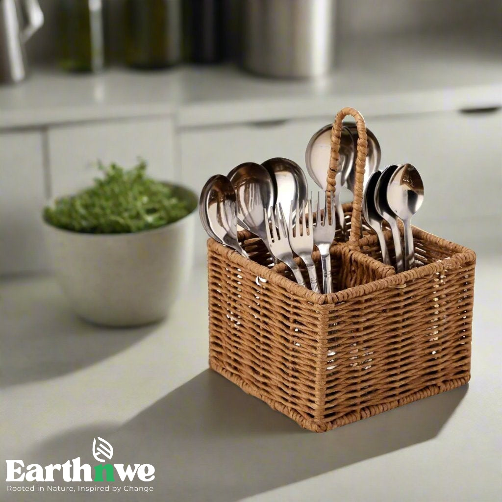 Natural rattan cutlery organizer for utensils