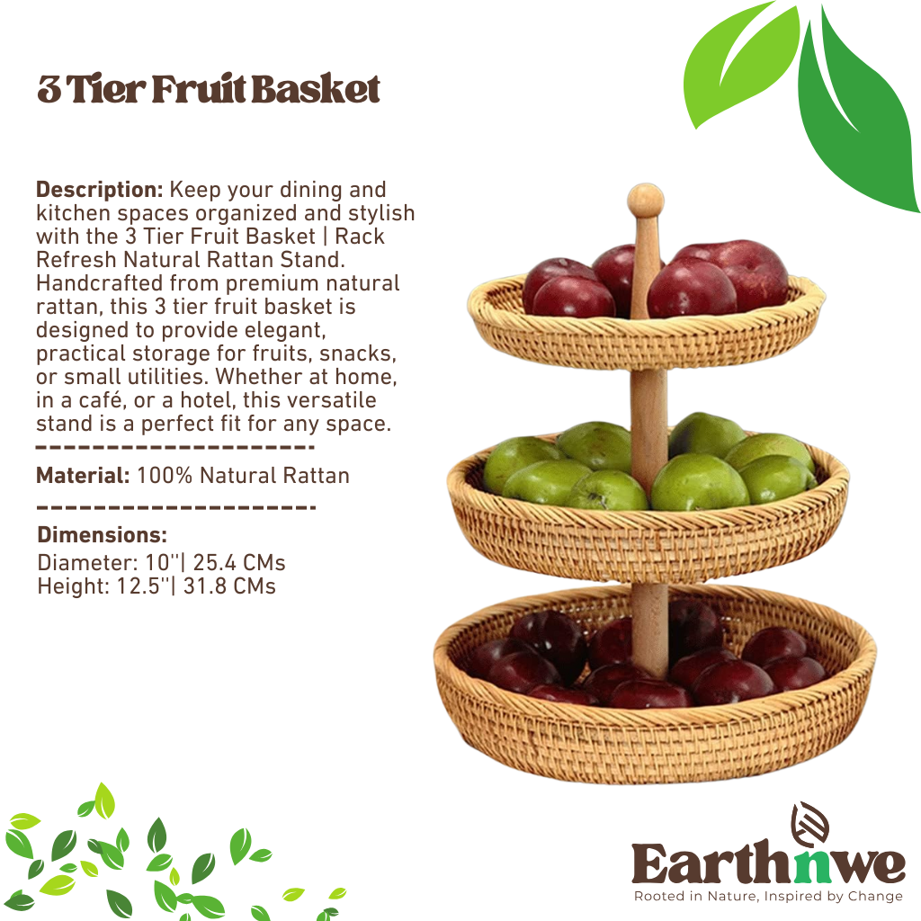 3 tier fruit basket natural rattan stand