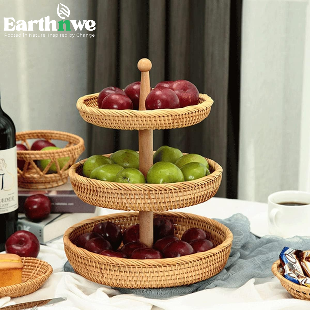 3 tier fruit basket natural rattan stand