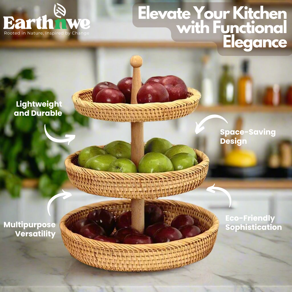 3 tier fruit basket natural rattan stand