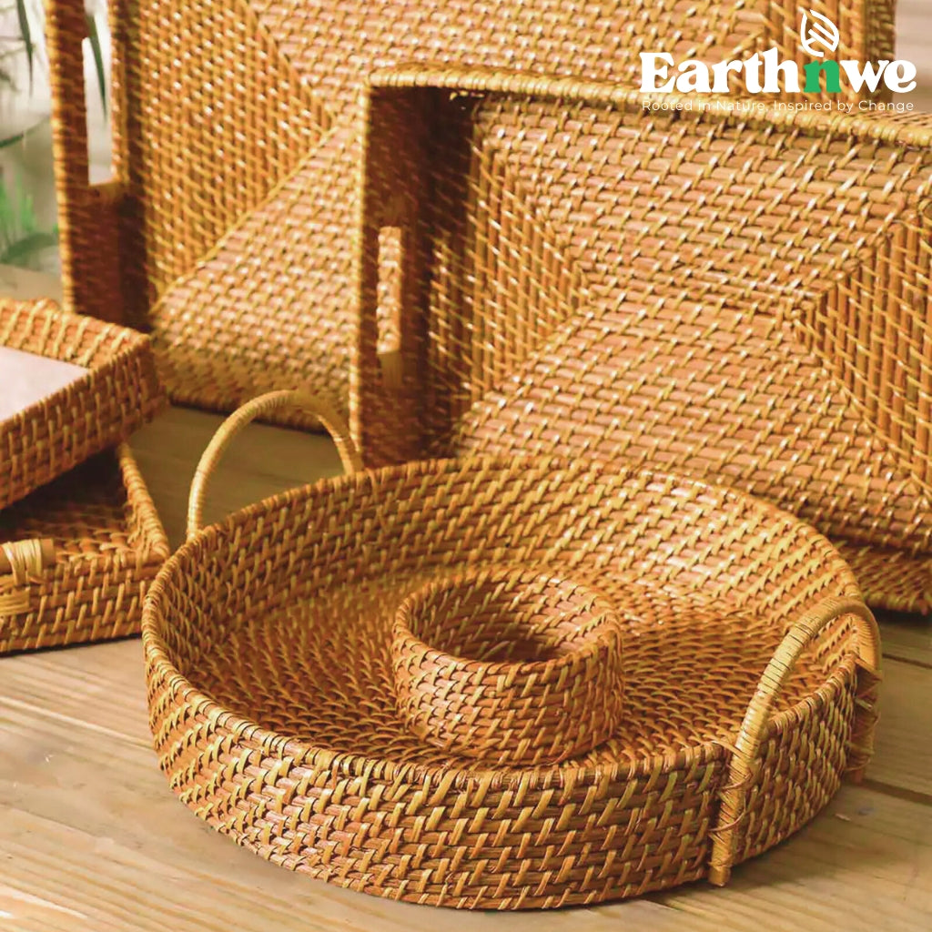 Rattan serving tray with handles