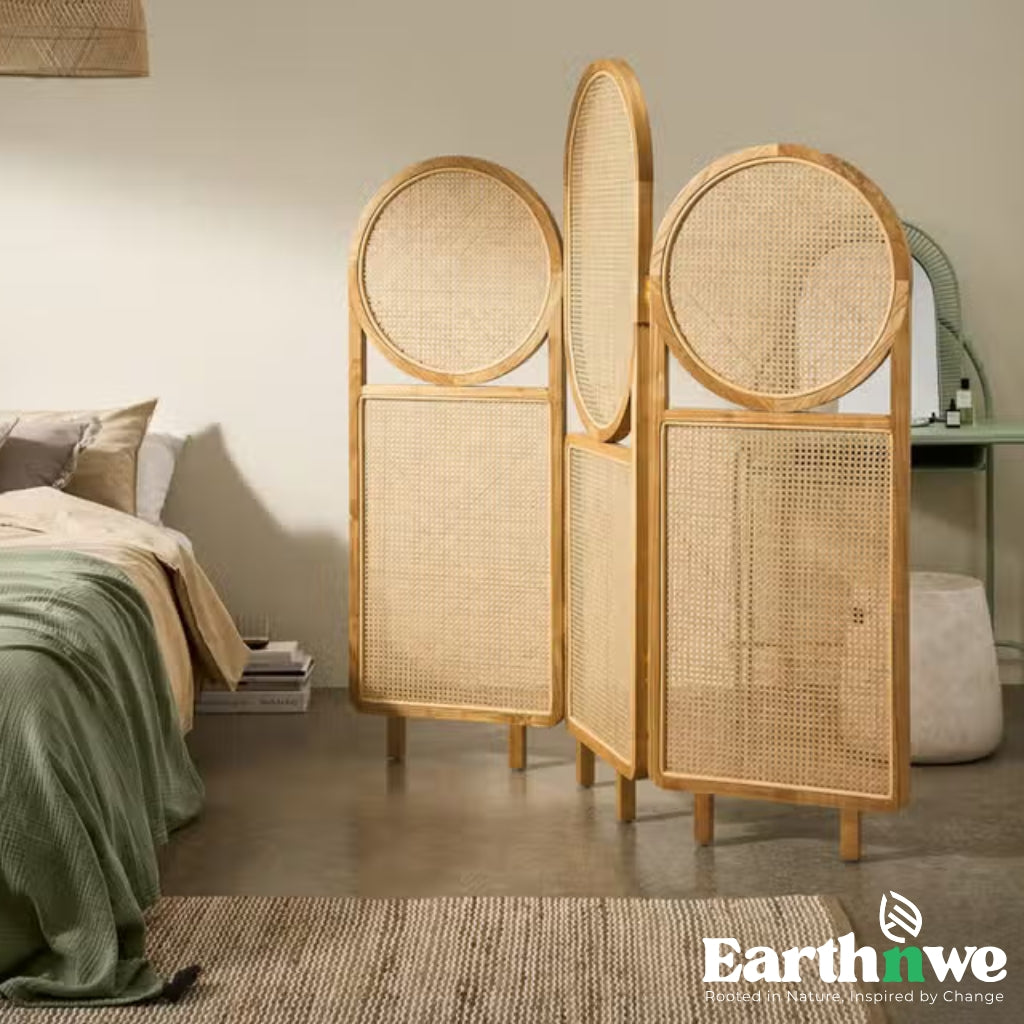 Rattan room partition with folding panels