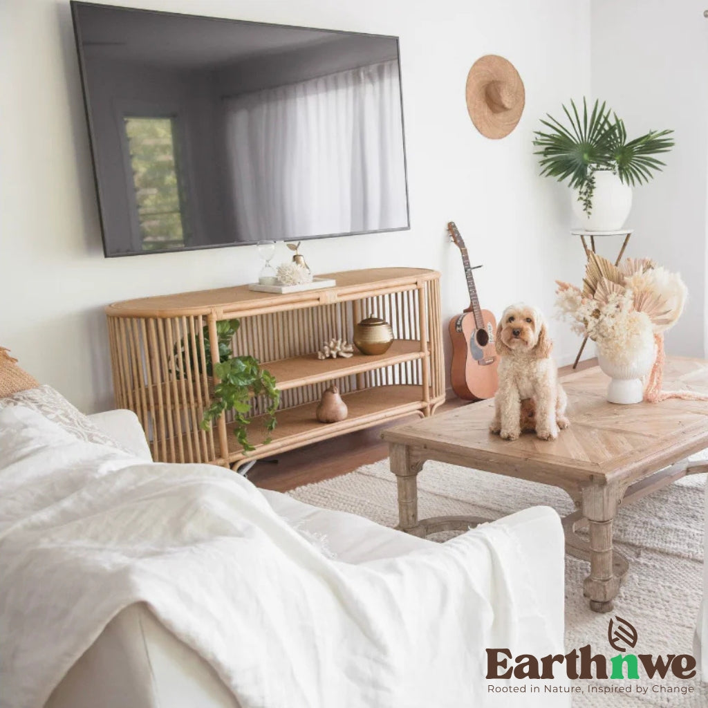 Console table with rattan shelving for storage