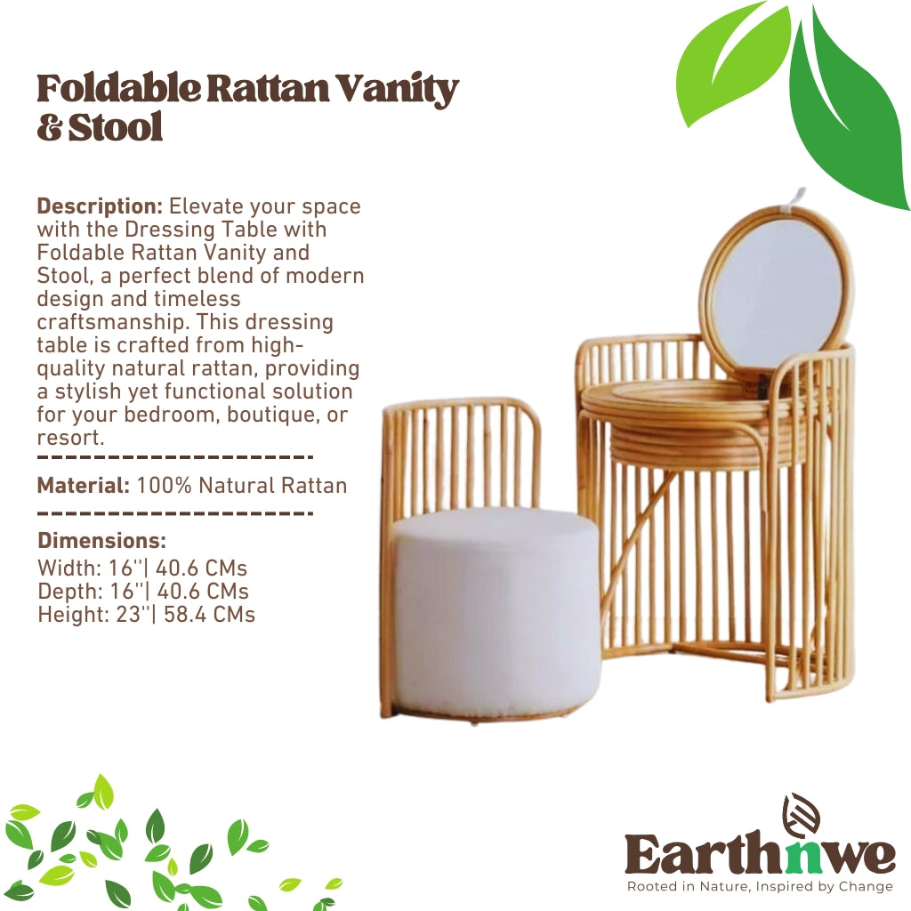 Foldable rattan dressing table with stool