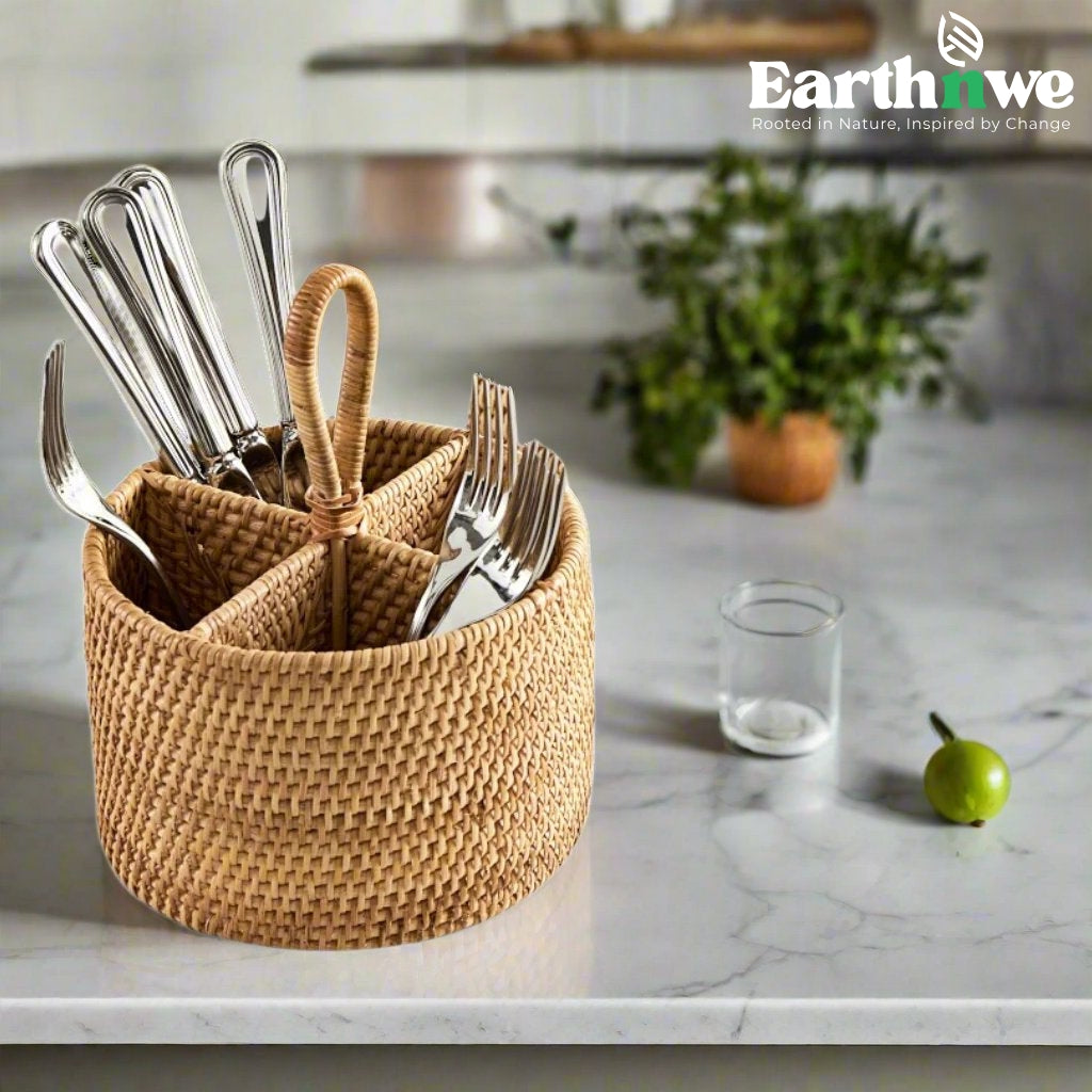 Natural rattan cutlery organizer for dining