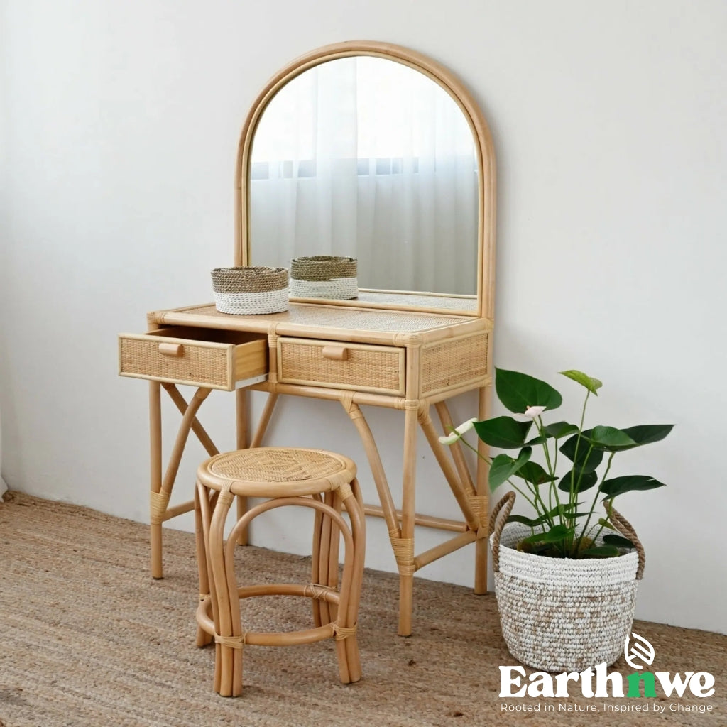 Rattan dressing mirror and table set