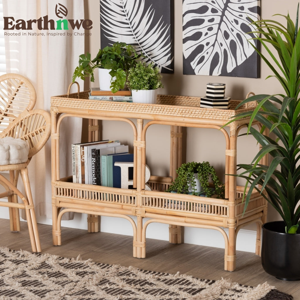 Console table with rattan weaving and two-tier design