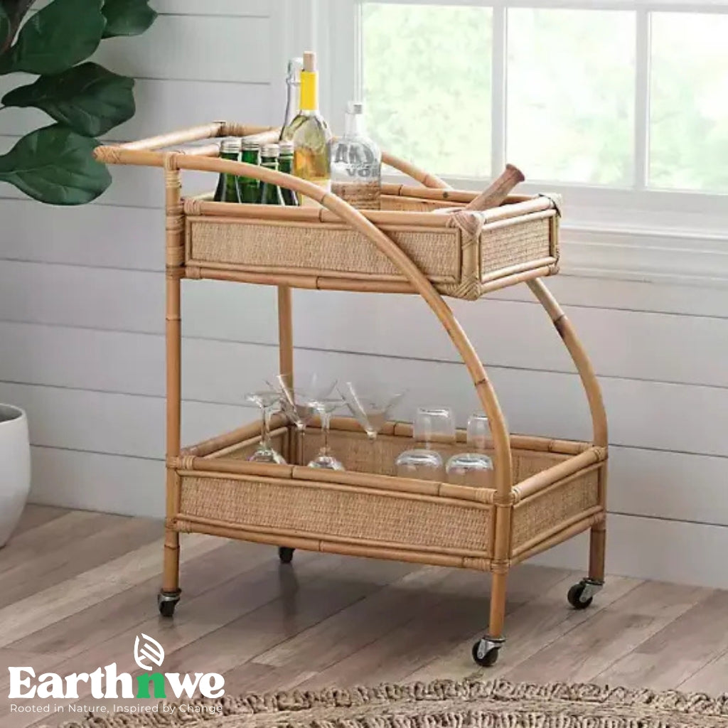 Rattan bar cart with curved frame