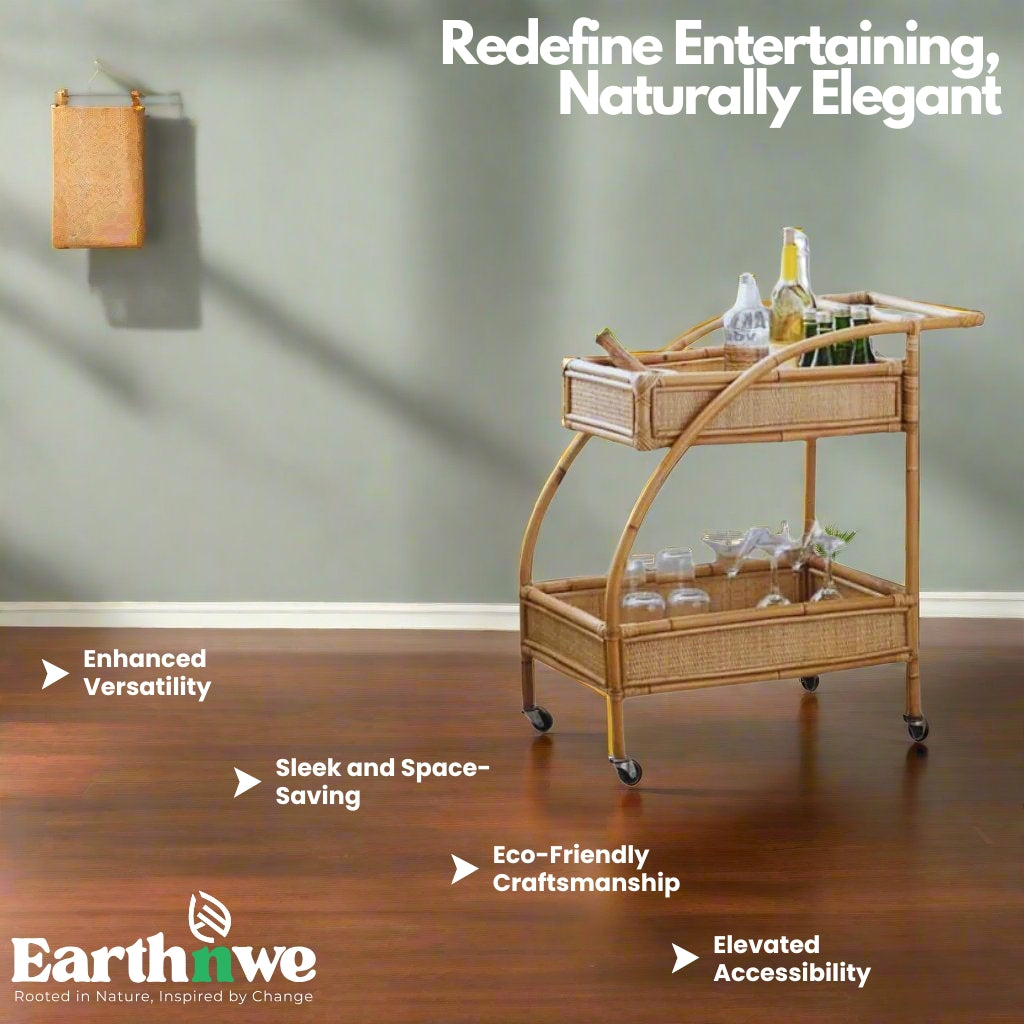 Rattan bar cart with curved frame