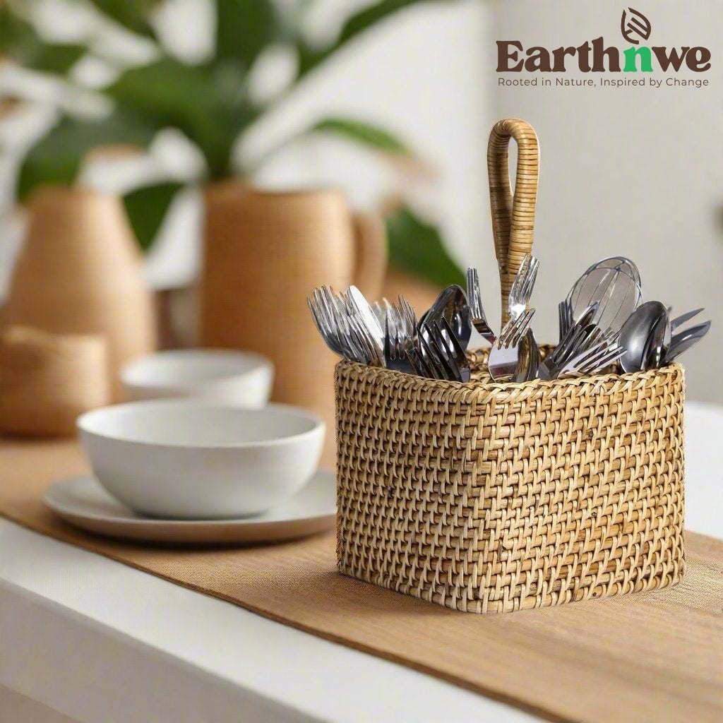 Natural rattan cutlery organizer for dining