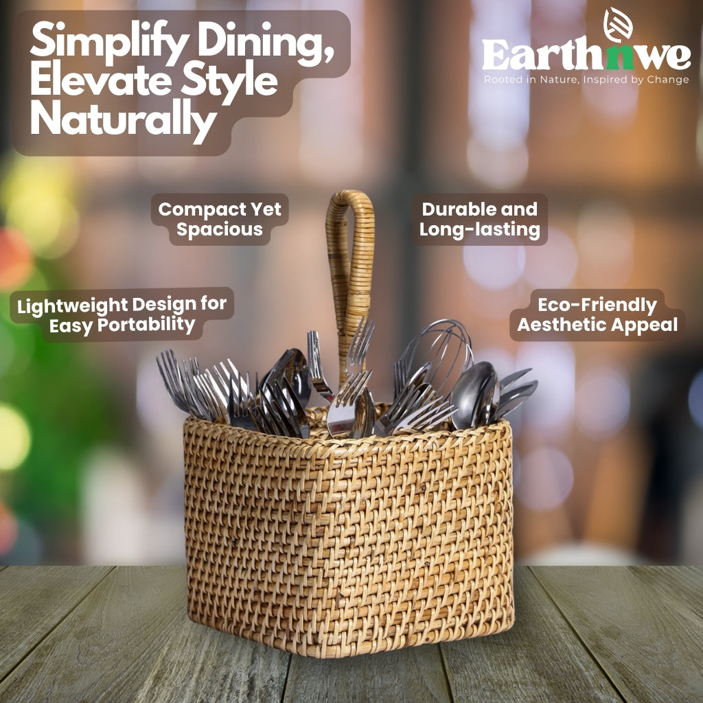 Natural rattan cutlery organizer for dining