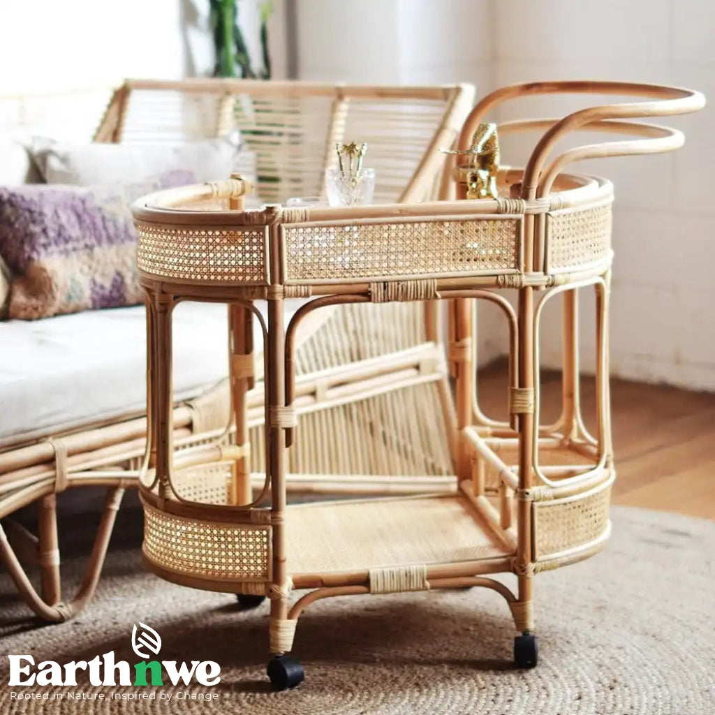 Natural rattan bar cart with wheels