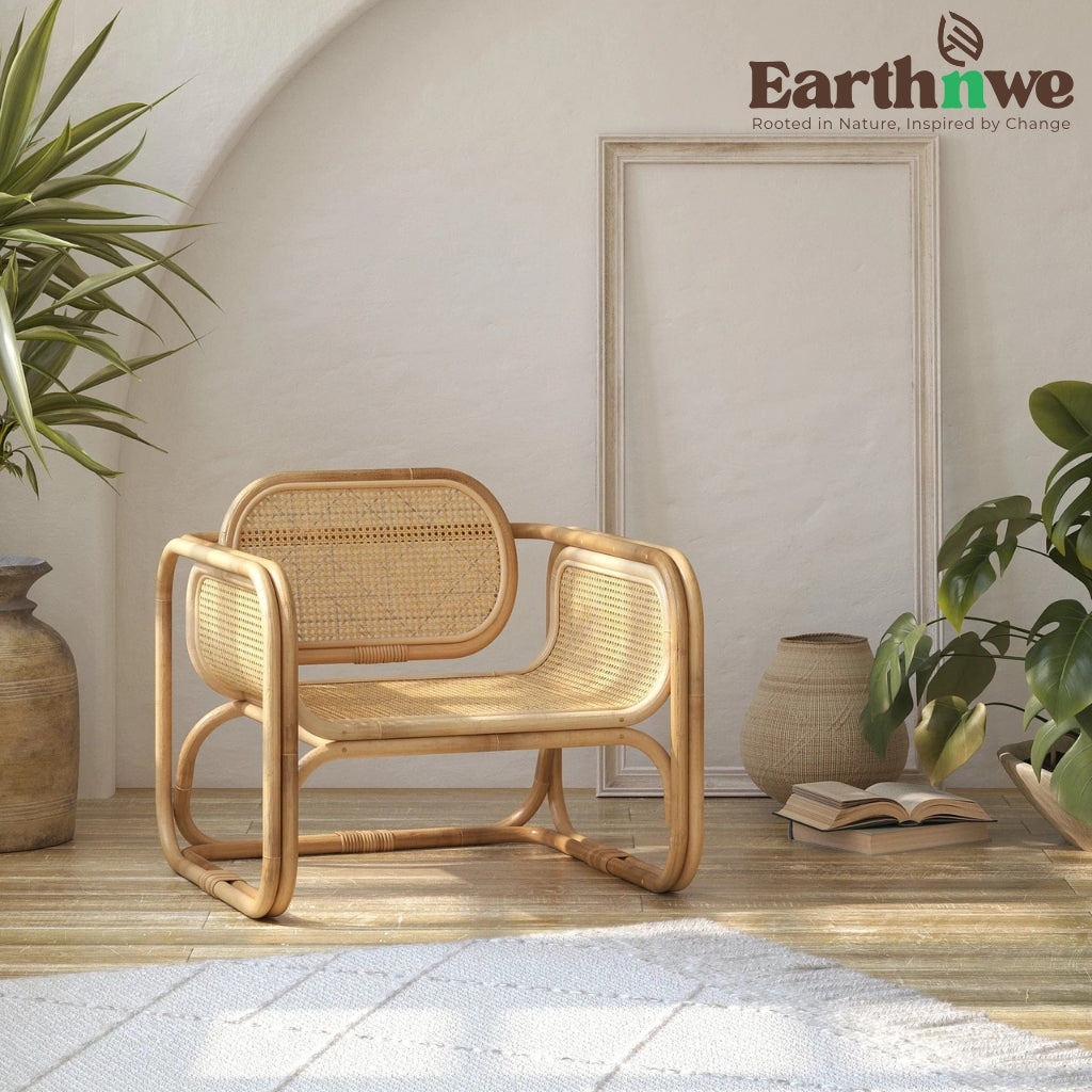 Lounge chair with whimsical rattan weave design