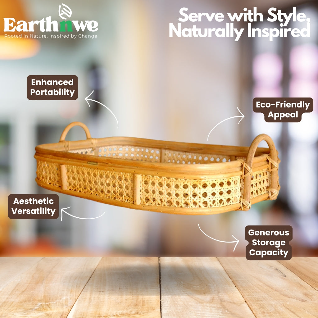 Natural rattan tray with cane handles