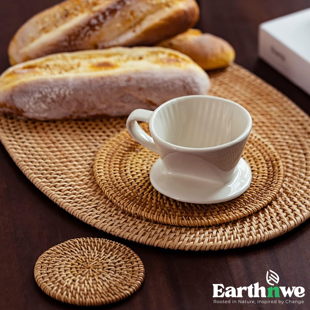 Oval woven rattan placemat on dining table