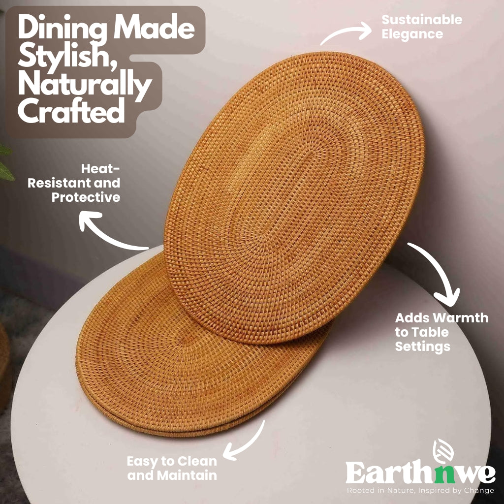 Oval woven rattan placemat on dining table